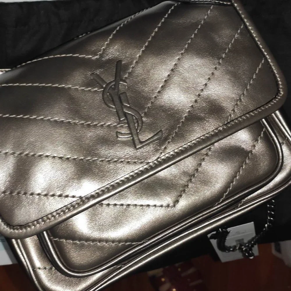 SAINT LAURENT Baby Niki Quilted Metallic Silver Leather Shoulder Bag